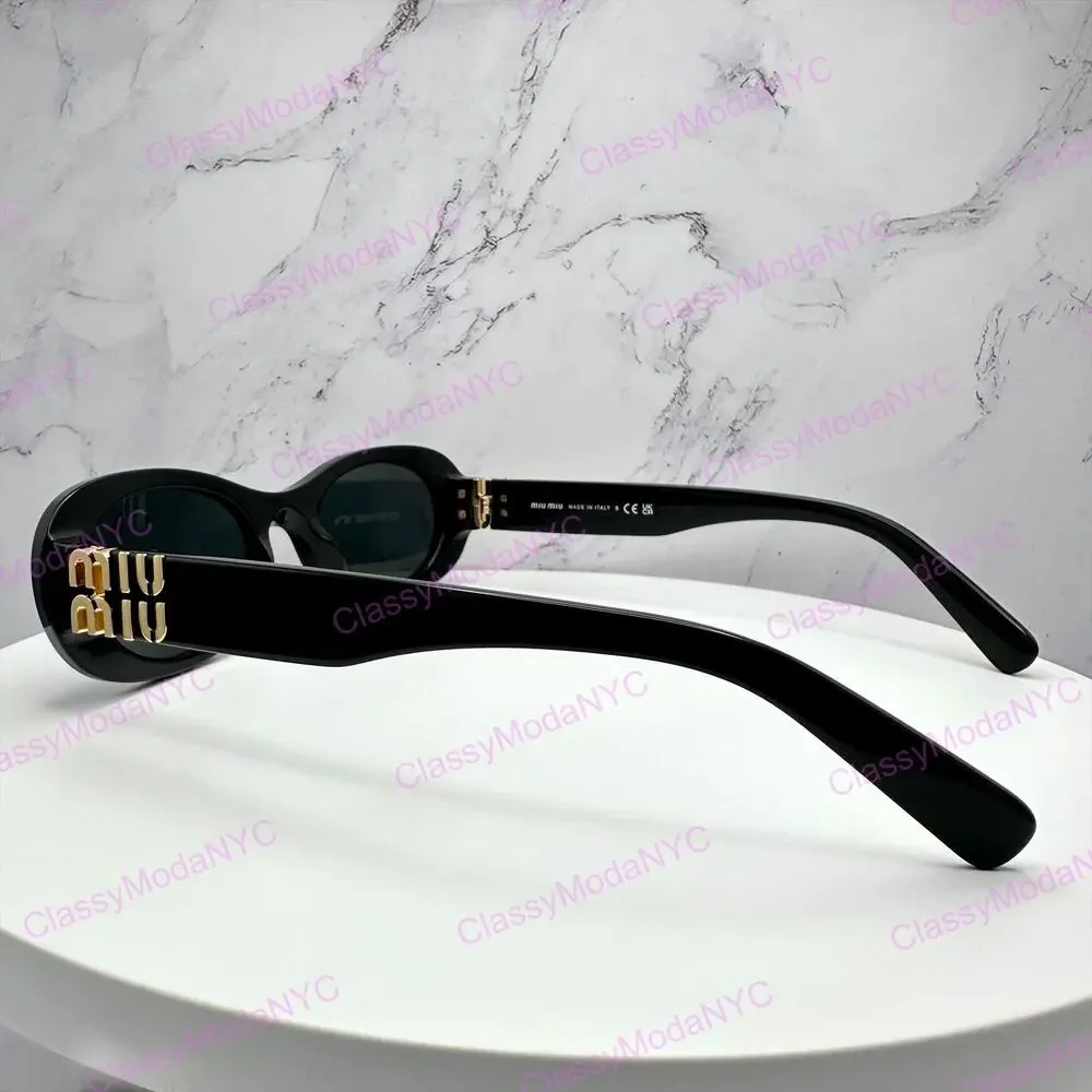 New MIU MIU Sunglasses Black Acetate Oval Gold Metal Logo Authentic Italy